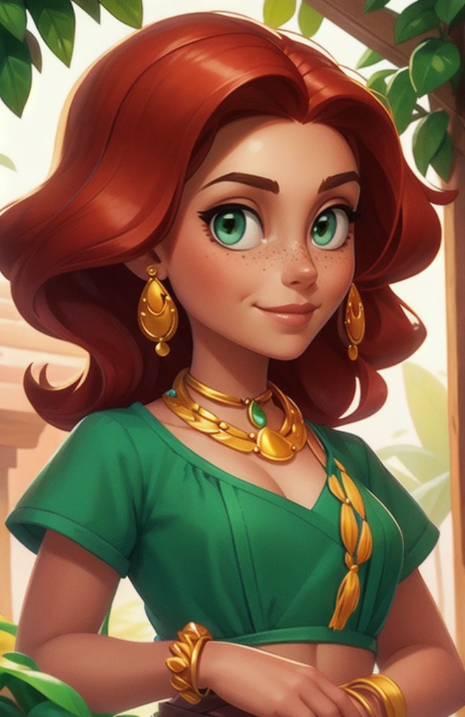 Concept Art,character illustration of a,European and American cartoons,1 Girl,freckle,Solitary,Jewelry,Green Eyes,Weaving,earrings,twin Weavings,necklace,Looking at the audience,Red hair,breast,Vague,plant,Short sleeve,Vague background,diaphragm,Upper Body,Puff sleeves,bracelet,Smile,Long hair,puffy Short sleeve,Necklace,Umbilical cord,Top of crop,