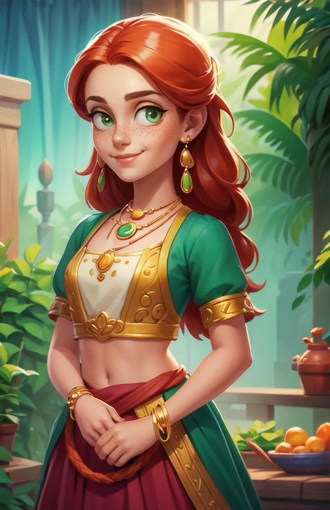 Concept Art,character illustration of a,European and American cartoons,1 Girl,freckle,Solitary,Jewelry,Green Eyes,Weaving,earrings,twin Weavings,necklace,Looking at the audience,Red hair,breast,Vague,plant,Short sleeve,Vague background,diaphragm,Upper Body,Puff sleeves,bracelet,Smile,Long hair,puffy Short sleeve,Necklace,Umbilical cord,Top of crop,