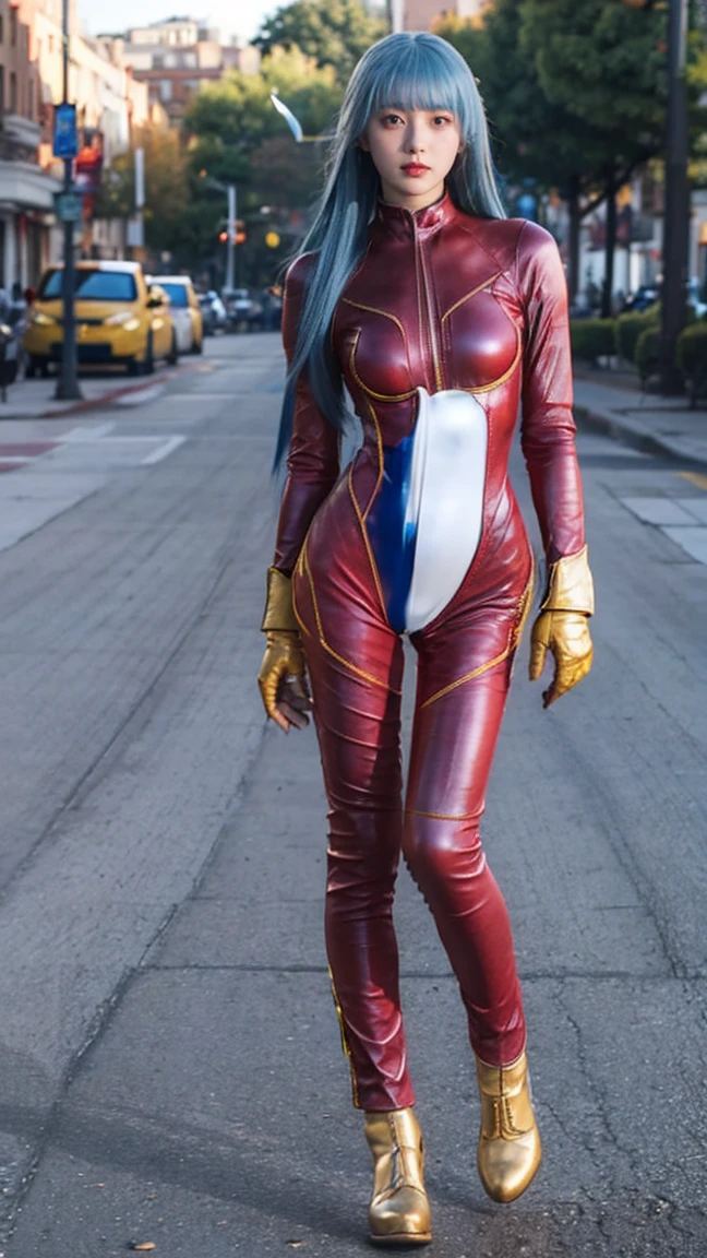 (masterpiece), best quality, expressive eyes, HD, perfect face ((kof)), ((king of fighters)), ((kula diamond)), kula, ((long blue hair)), ((young girl)), yellow gloves, ((full maroon leather bodysuit)), ((zip red, maroon full bodysuit)), skintight, breasts exposed, red eyes, walking in park, belt, golden gloves, smile, golden shoes, ice magic, cutecute, feet, foot, legs full body, bye bye pose