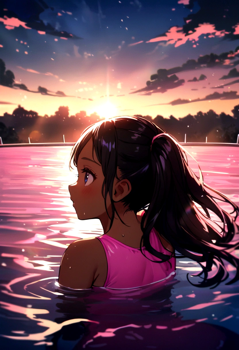 An African American girl in the pool wearing a bright pink one piece swimsuit with a white line and the other half sky blue top