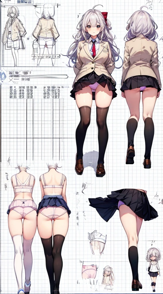 girl, alone, whole body, From head to toe, Are standing, (Huge_chest:1.3),
Character design sheet, Character Reference Sheet, 設計図のSchematic, Drafting, Blueprint, Schematic,
((Character design sheet:1.7, Character Reference Sheet:1.7,)),
anime/cartoon character wearing a girls , 1girl, alone, Thigh-high socks, blazer burezaa (blazer), Ahoge, Long Hair, bow, , shoes, loafers, ribbon, (Very short skirt:1.4), (panties:1.5),, (Good:1.7),(In underwear:1.8),nsfw,Full nudity、