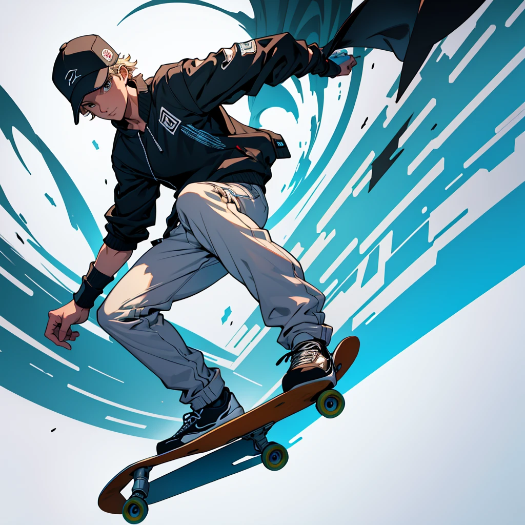 Create a futuristic-style 2D illustration of a young man on a skateboard, wearing a backwards cap, figurine style