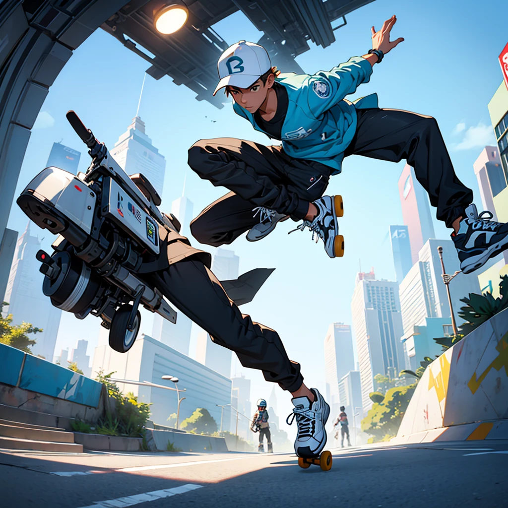 Create a futuristic-style 2D illustration of a young man on a skateboard, wearing a backwards cap, figurine style