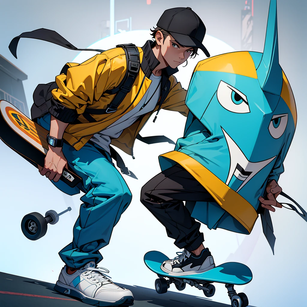 Create a futuristic-style 2D illustration of a young man on a skateboard, wearing a backwards cap, figurine style