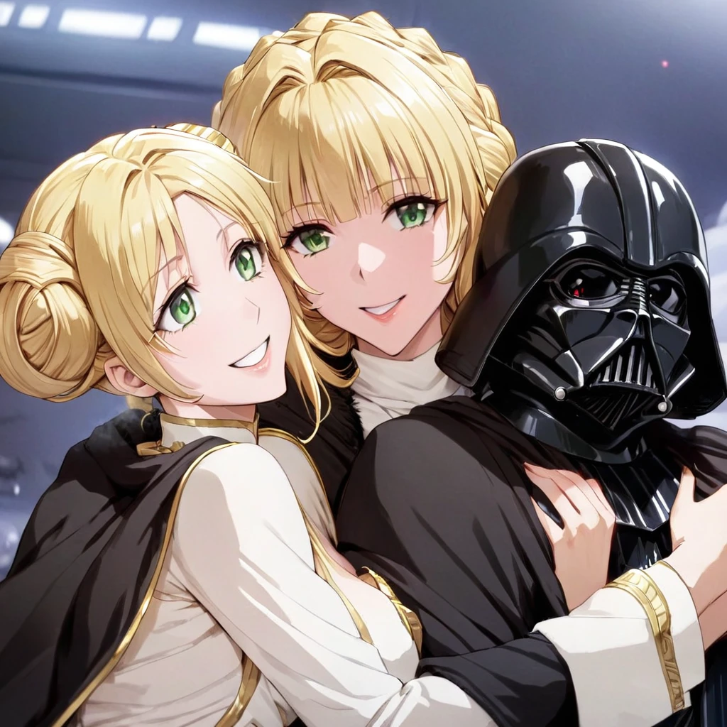 ((Highest quality)), ((masterpiece)), (detailed), （Perfect Face）、The woman is a Stormtrooper named Tiare, with green eyes, blonde medium-length hair, and a Princess Leia hairstyle. She is wearing a luxurious Princess Leia costume of black with gold embroidery and trim, and a luxurious black cloak.、The woman is hugging Darth Vader and smiling fondly at him.