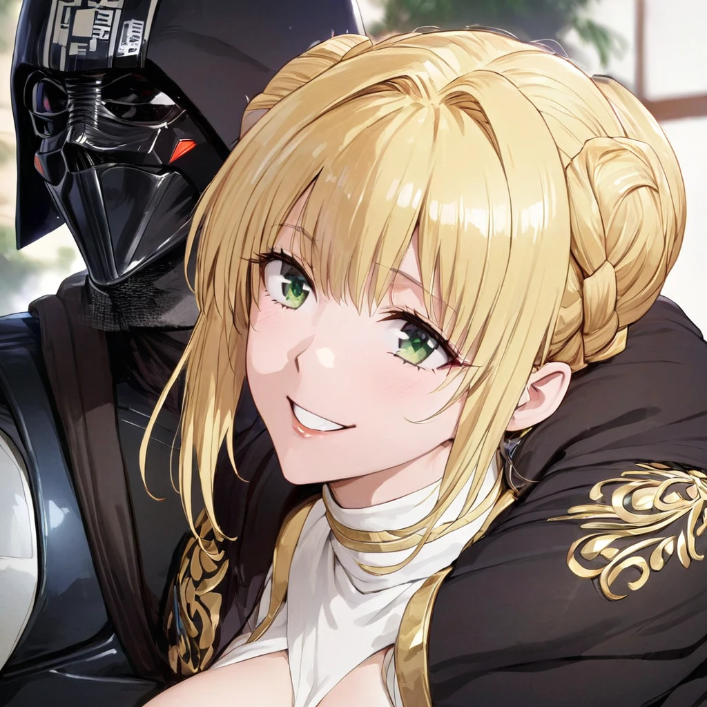 ((Highest quality)), ((masterpiece)), (detailed), （Perfect Face）、The woman is a Stormtrooper named Tiare, with green eyes, blonde medium-length hair, and a Princess Leia hairstyle. She is wearing a luxurious Princess Leia costume of black with gold embroidery and trim, and a luxurious black cloak.、The woman is hugging Darth Vader and smiling fondly at him.