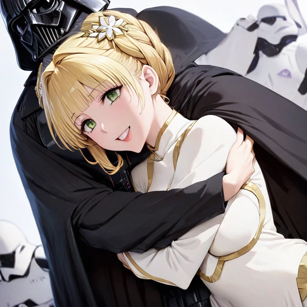 ((Highest quality)), ((masterpiece)), (detailed), （Perfect Face）、The woman is a Stormtrooper named Tiare, with green eyes, blonde medium-length hair, and a Princess Leia hairstyle. She is wearing a luxurious Princess Leia costume of black with gold embroidery and trim, and a luxurious black cloak.、The woman is hugging Darth Vader and smiling fondly at him.