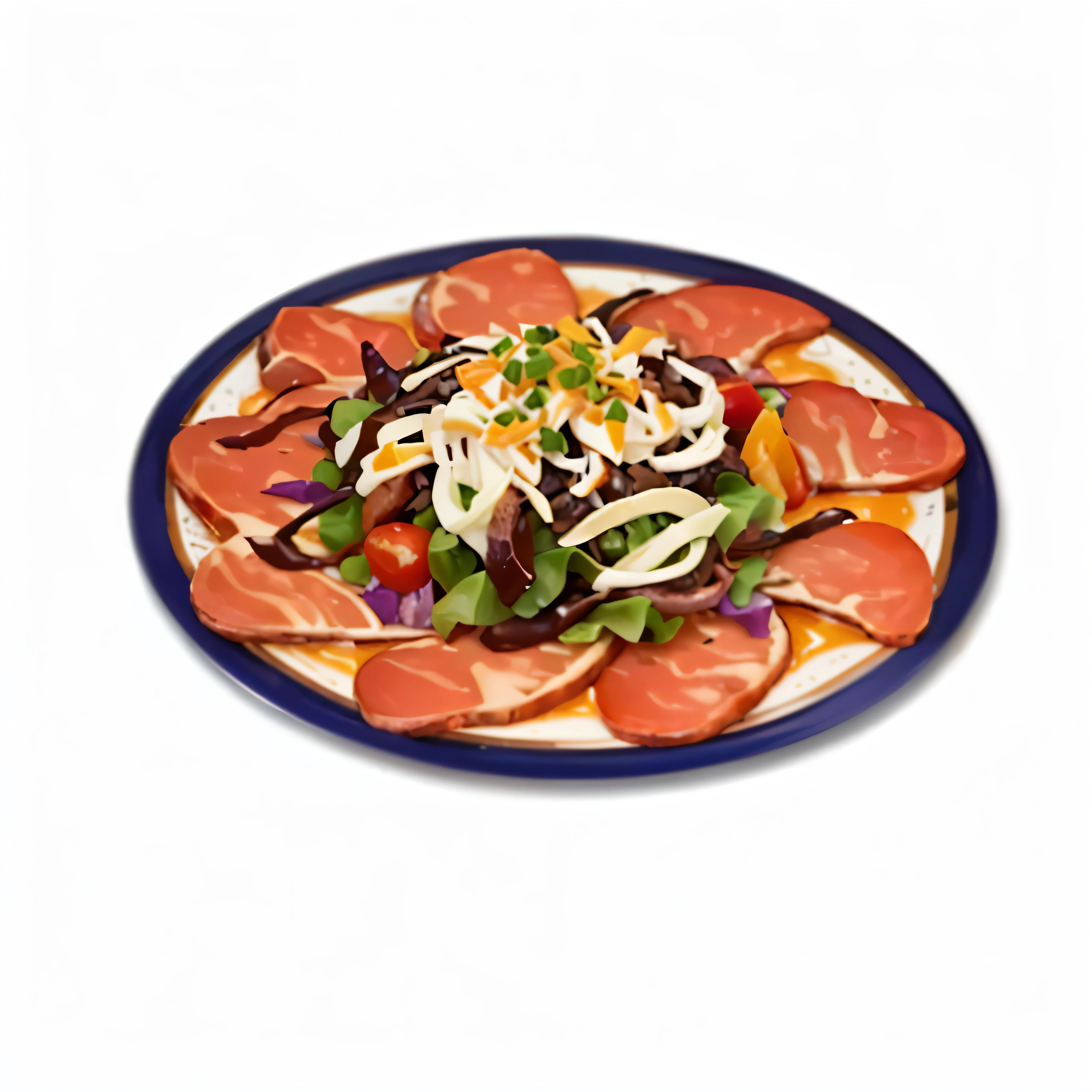 There is a plate of food，It has meat and vegetables on top, Anime Food, salad, Service recommendations, served On the plate, picture, [ [ Surrealism ] ], high_detailed!!, Very very low picture quality, Generated, !!high detailed!!, computer generated, high detailed), On the plate, ❤🔥🍄🌪