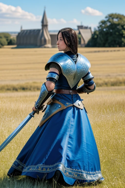 high resolution、8K、Vast grassland、Blue sky、One man、Gazing into the distance、Wearing medieval armor and holding a sword、back pose、((Realistic))、Elaborate、Brave、Departure、