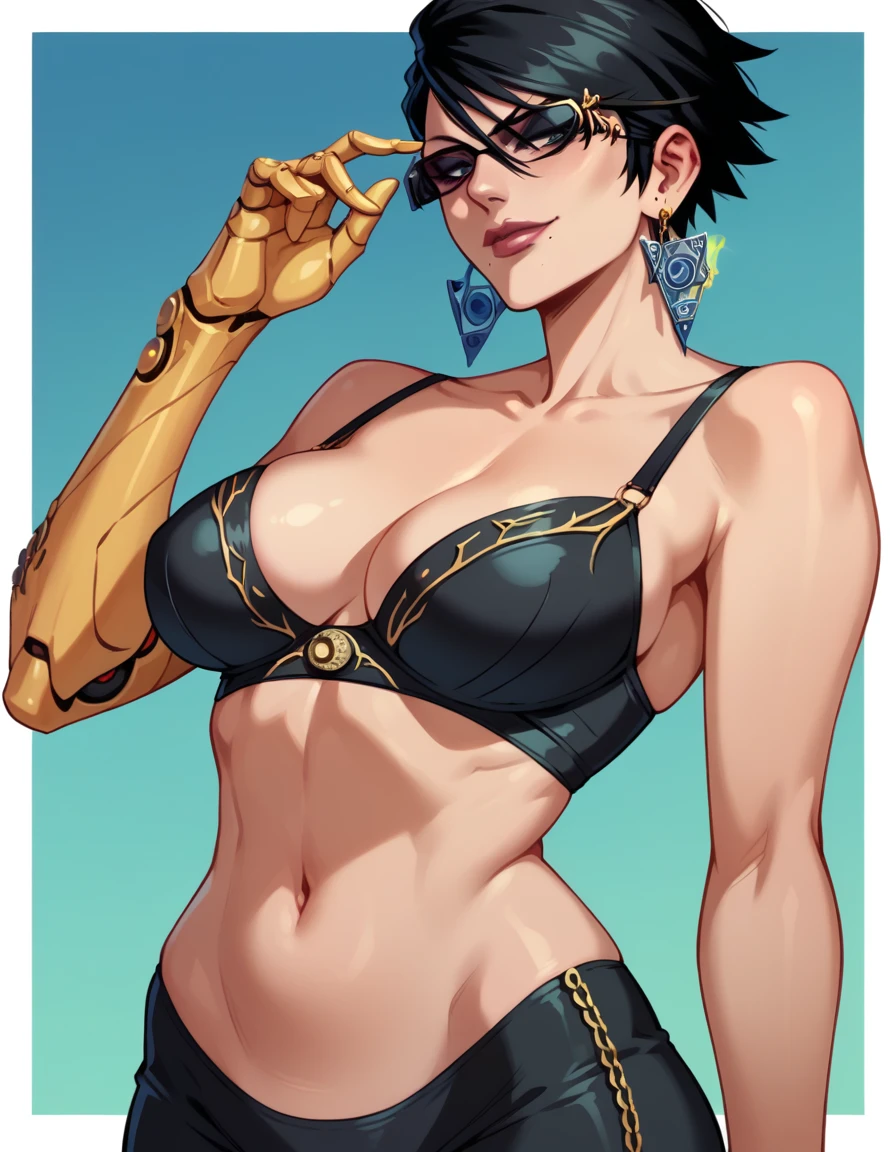  tall beautyfull woman, bayonetta shape, golden robotic arms, short black hair, golden earring, black panties, golden bracelet,sunglasses, slender body, natural body, milf, detailed, perfect face, black bra
