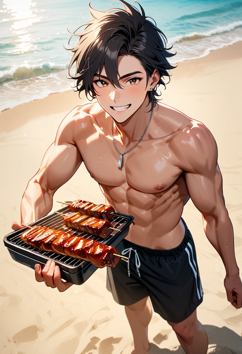 A young man, 22-years-old, solo, Caucasian, masculine face, muscular physique, shaggy tousled black hair, brown eyes, cheerful smile, mouth open, no shirt, shirtless, black swimming trunks, thin silver necklace, small silver earrings, beach, holding a skewer with grilled meat on it