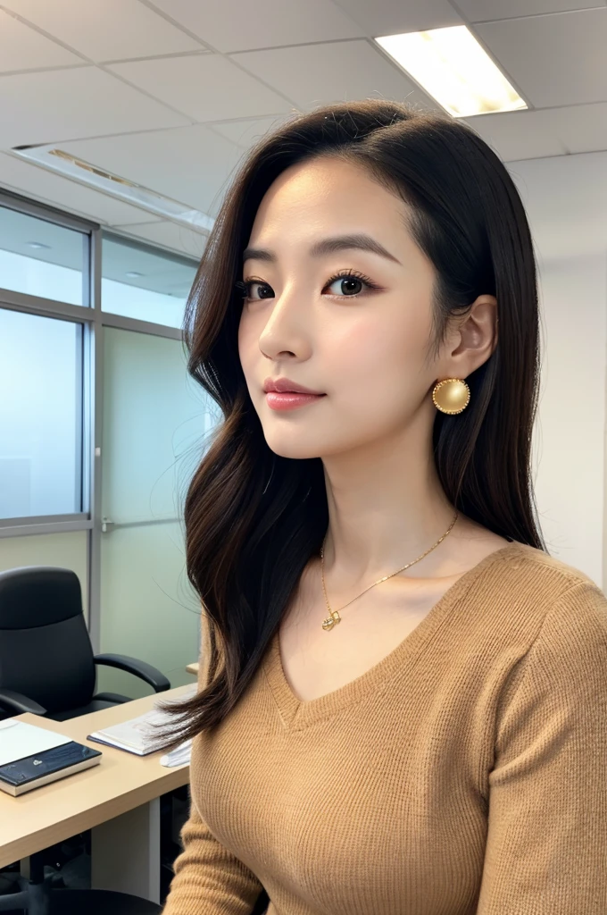 company office,executive secretary,okinawa,((full body)),((photo)),((best qualtiy, 8K, tmasterpiece:1.3)), Focus:1.2, perfect figure beautiful girl:1.4,1girl,cowboy shot,look at viewer, eyes facing the camera,incredibly absurd, beautiful and cute girl with a photorealistic face, showcasing top-quality craftsmanship, Japanese woman working in an office, 22 years old, hairstyle is black bob hair, inward curling hair reaching the jaw line, thin and soft hair, wide forehead with beautiful hairline, thin eyebrows, large almond-shaped eyes, light brown eyes, long eyelashes, double eyelids, straight nose, small lips, smile with upturned corners, fair and translucent skin, plump cheeks, cute impression, glamorous, tall, well-balanced proportions, large E-cup breasts, beige V-neck knit, white tight skirt, heeled pumps, pearl necklace and earrings, small bag, gold watch, beautiful, pretty older woman, neat, serious, hardworking, kind, considerate, highly trusted by those around her, April