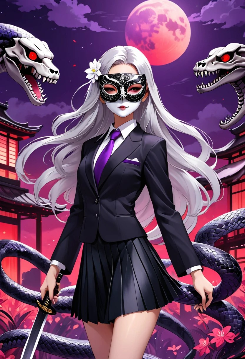 Flat style，Japanese anime style，(((1 beautiful girl，Silver long hair，White flower eye mask on eyes，Black pleated skirt suit)))，Katana in hand，Elegant dynamic pose，Dynamic Blur，Red Moon，Dark purple tones，Mysterious and elegant atmosphere，(((Purple fluorescent python snake skeleton background)))