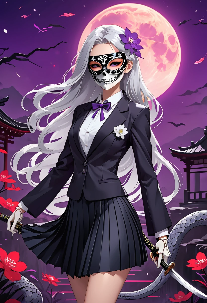Flat style，Japanese anime style，(((1 beautiful girl，Silver long hair，White flower eye mask on eyes，Black pleated skirt suit)))，Katana in hand，Elegant dynamic pose，Dynamic Blur，Red Moon，Dark purple tones，Mysterious and elegant atmosphere，(((Purple fluorescent python snake skeleton background)))