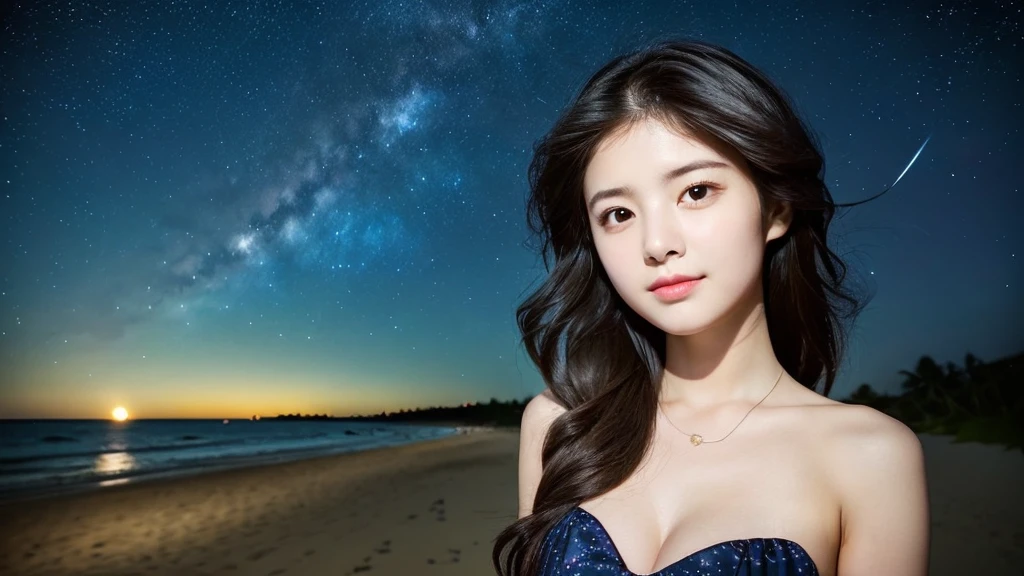 A very cute face like an idol、One 20-year-old woman with a youthful appearance、(Cleavage)、(((Beautiful starry sky on the beach at night)))、((Very dim lighting))、((Don't expose your face to the light))、((Long-distance shot))、RAW Photos、Genuine、live-action、(Artistic Expression)、High resolution、masterpiece