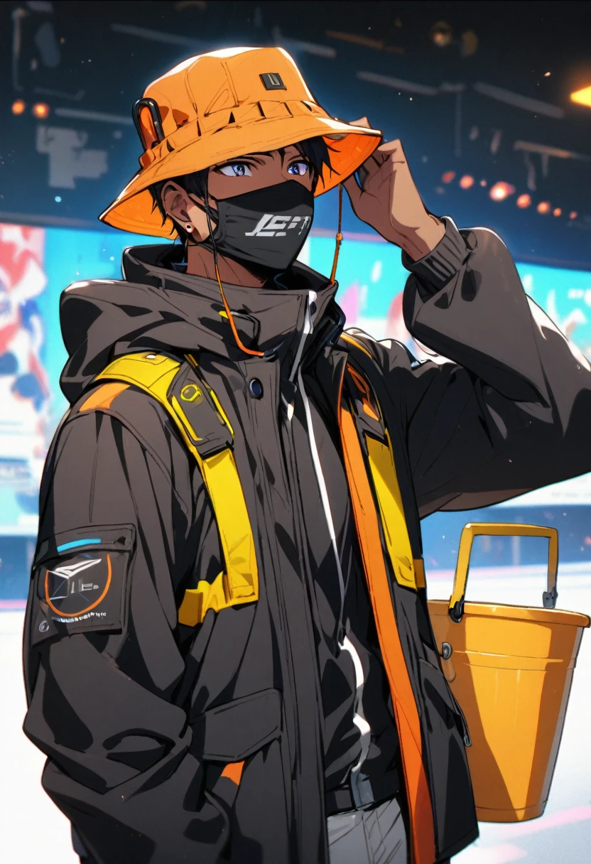 mouth mask, 1man, black man, bucket hat, tech hear, jacket,