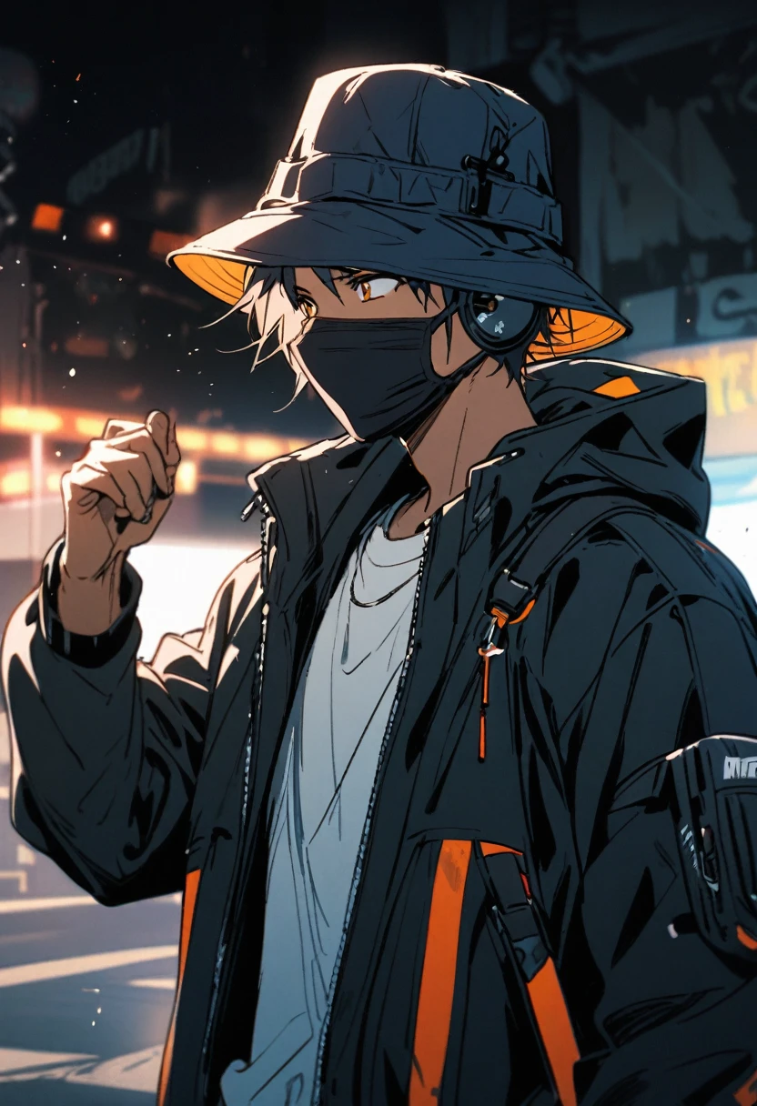 mouth mask, 1man, black man, bucket hat, tech hear, jacket,