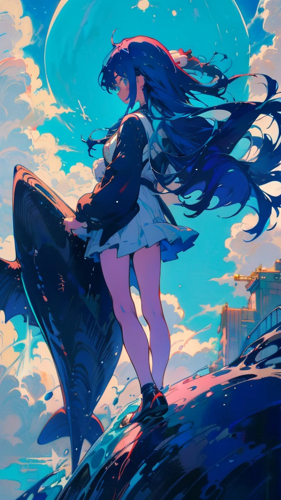 Blue-haired long hair，Design clothing，Seven-doppelganger shot，Anime style 4K，Anime girl with teal hair，High quality anime art style，Standing painting，Splash ink background，Blue Themes、Pure white background,Buildings,Face close-up,Buildings,Moon and sun、Long legs, whale flying in the sky