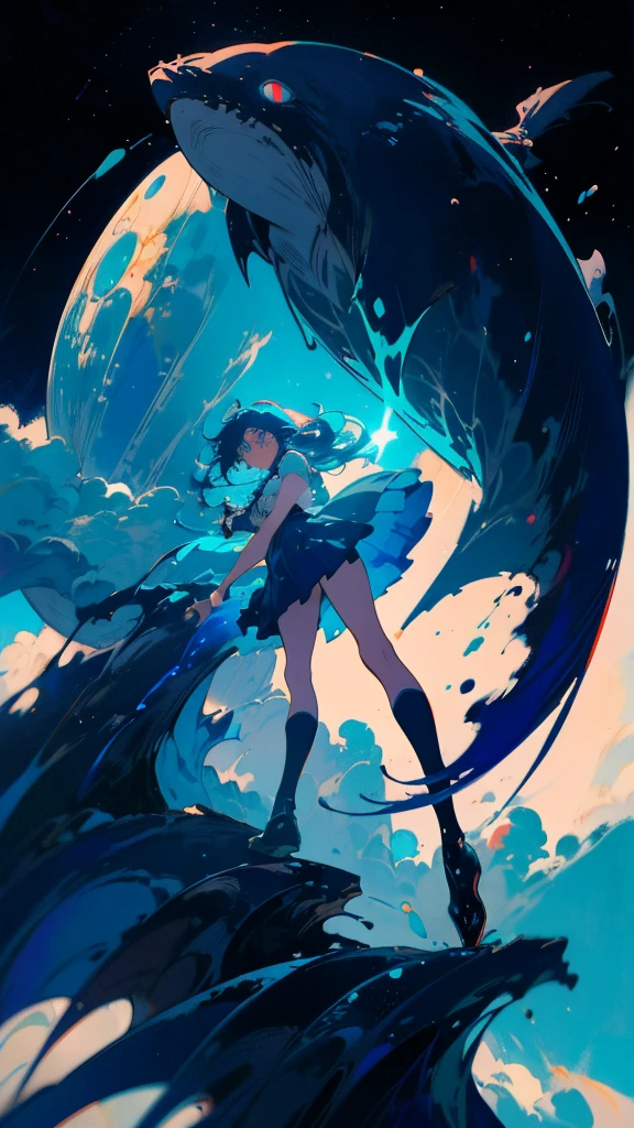 Blue-haired long hair,Design clothing,Seven-doppelganger shot,Anime style 4K,Anime girl with teal hair,High quality anime art style,Standing painting,Splash ink background,Blue Themes、Pure white background,Buildings,Face close-up,Buildings,Moon and sun、Long legs, whale flying in the sky