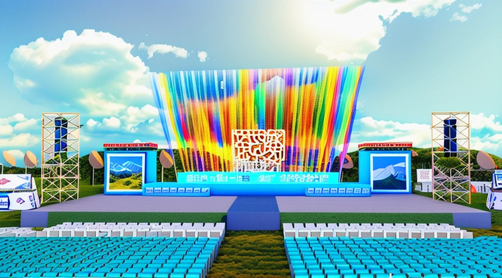 3D rendering of "Sichuan, Sgailaiho Culture and People'sajie Sports rubber field competition stage design with holographic screen, colorful, splash effects, grassland, blue sky, clouds, festive, decoration, flags and banners, photography