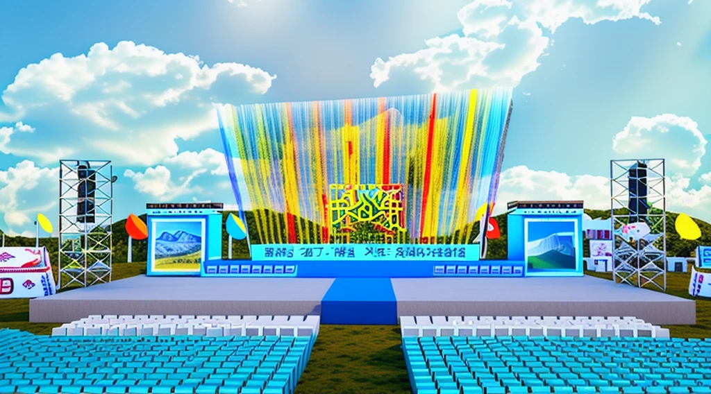 3D rendering of "Sichuan, Sgailaiho Culture and People'sajie Sports rubber field competition stage design with holographic screen, colorful, splash effects, grassland, blue sky, clouds, festive, decoration, flags and banners, photography