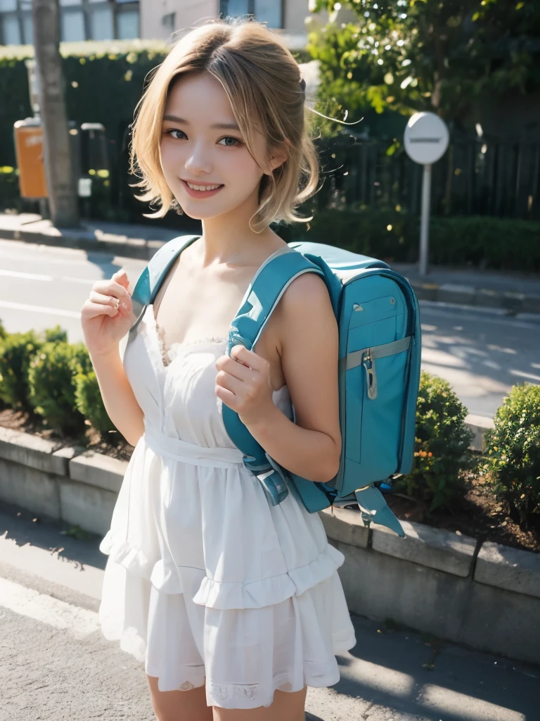Masterpiece, hd, realistic 18 year old female high school girl standing on outdoor , wearing white dress, summer dress:1.5,best smile,blonde with short cut:1.5,Side waves with a short cut,Carrying a school backpack, (school backpack:1.2)