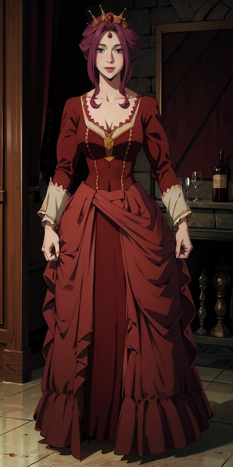 (masterpiece, best quality), intricate details, 1girl, Bridesmaid Muscular full body woman White hair White braid Motherly body smile Porcelain skin Red heels with feet together Long hair Hands on waist Navel Strong abs Direct look Perfect lighting Masterpiece High quality
