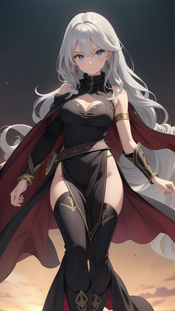 masterpiece, best quality, 1 solo girl, silver hair, blue eyes, long hair, medium breasts, sexy body and face, wavy hair, smile, parted lips, circlet, jewelry, bare shoulders, earrings, bridal gauntlets, sleeveless, black dress, bracelet, side slit, gold trim, red fur-trimmed cape, pelvic curtain, sleeveless dress, black footwear, turtleneck, long sleeves, castle, intdoors, sexy pose, cowboy shots, detailed body, face, and eyes, sharp focus, vibrant, creative, dynamic, high definition, high resolution, 8k, (Upscale: R-ESRGAN 4x+ Anime6mage enchance:4x), voluptuous body, cinema lightning, dakimakura style, looking at the viewer,