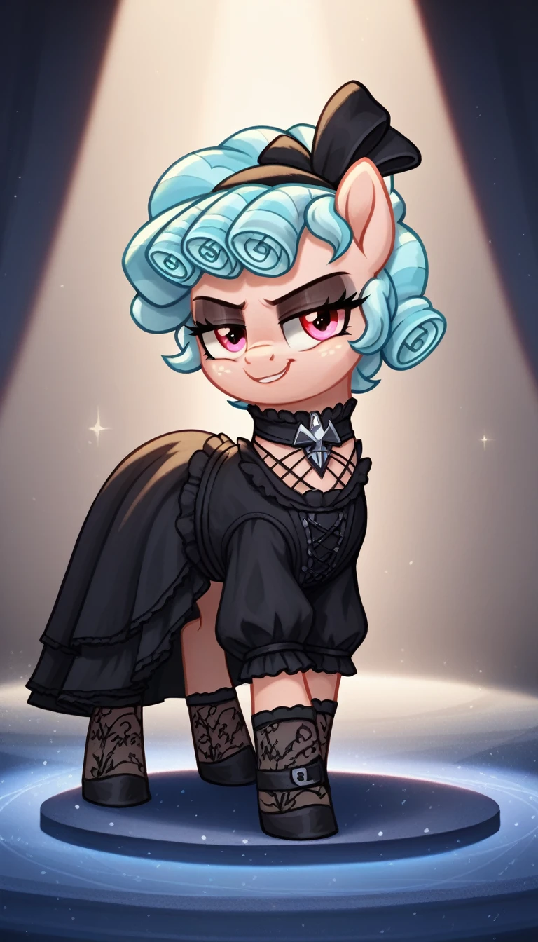 score_9,score_8_up,score_7_up,score_6_up, filly, cozy glow, Gothic pony, lolita goth fashion, glowing backlight, fashion show, catwalk scene, glitter, whimsical, enchanted, magical, fantasy art concept, intricate details, smug smile