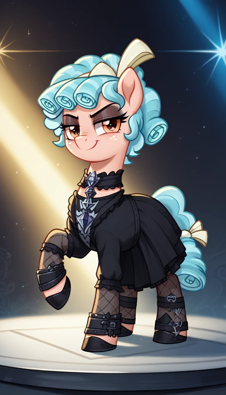 score_9,score_8_up,score_7_up,score_6_up, filly, cozy glow, Gothic pony, lolita goth fashion, glowing backlight, fashion show, catwalk scene, glitter, whimsical, enchanted, magical, fantasy art concept, intricate details, smug smile
