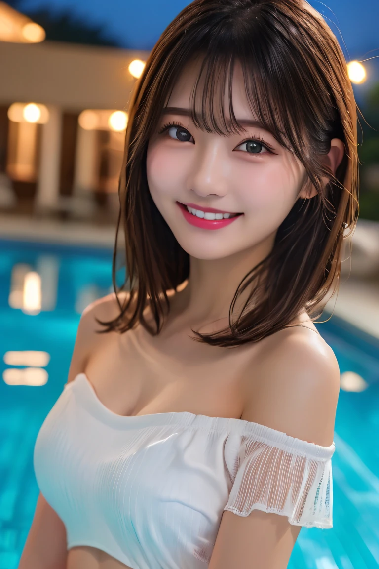 Highest quality, (beautiful)、Swimwear、Soft oist eyes、night、Poolside、See-through off-shoulder、Larger breasts、Upper Body、smile、Selfie