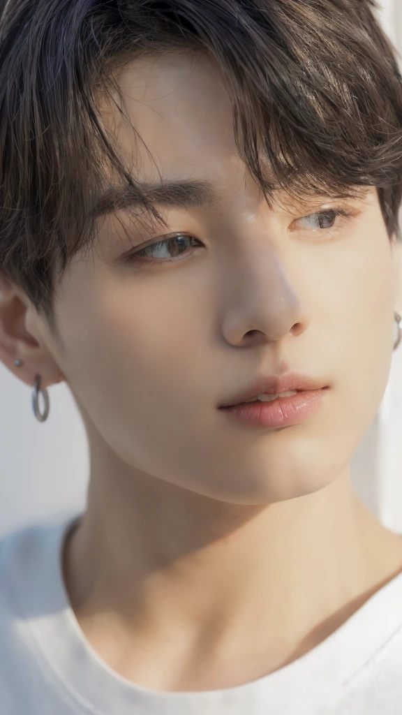 Jungkook, BTS group, kpop idol portrait, realism artistic style, beautiful androgynous prince, bts, delicate androgynous prince, inspired by jungkook jeon young pale angel