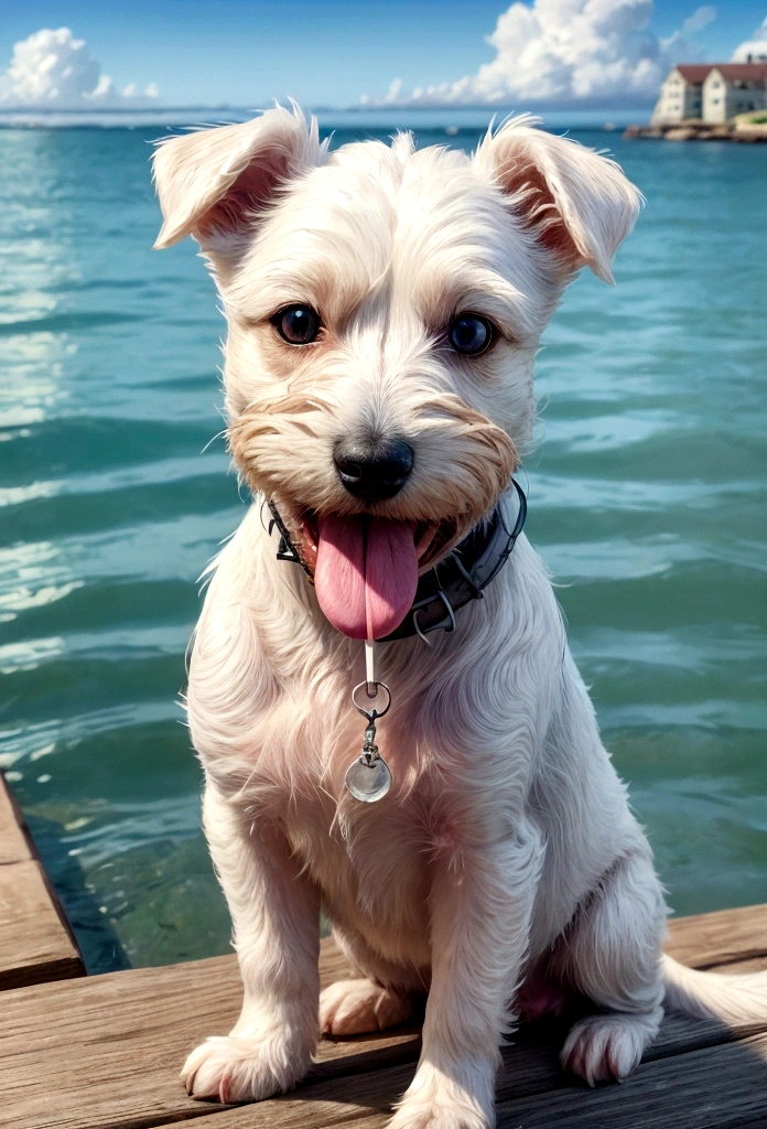 Craft a full body image in the distance with free white space, of a smiling happy looking short haired small Parson Russell Terrier dog, capturing its adorable features and the main character's presence. Use a Pixar-style illustration to make the scene heartwarming., ultra hd, realistic, vivid colors, highly detailed, UHD drawing, pen and ink, perfect composition, beautiful detailed intricate insanely detailed octane render trending on artstation, 8k artistic photography, photorealistic concept art, soft natural volumetric cinematic perfect light. Transparent background. Cartoon. On wharf, sea in background. Stick in mouth. Blurred edges