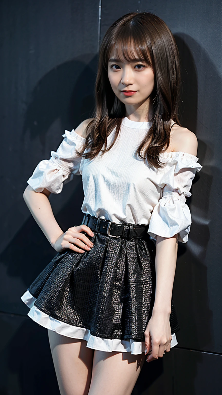 (8K、RAW Photos、Highest quality、masterpiece:1.2)、(Highest quality、Realistic)、1 Girl、((Frills、See-through、Off the shoulder、tights、black and white mini skirt、Thin legs、whole body、boots、Black Wall、View from the front、Looking into the camera、belt、Stand with hands on hips))、cute