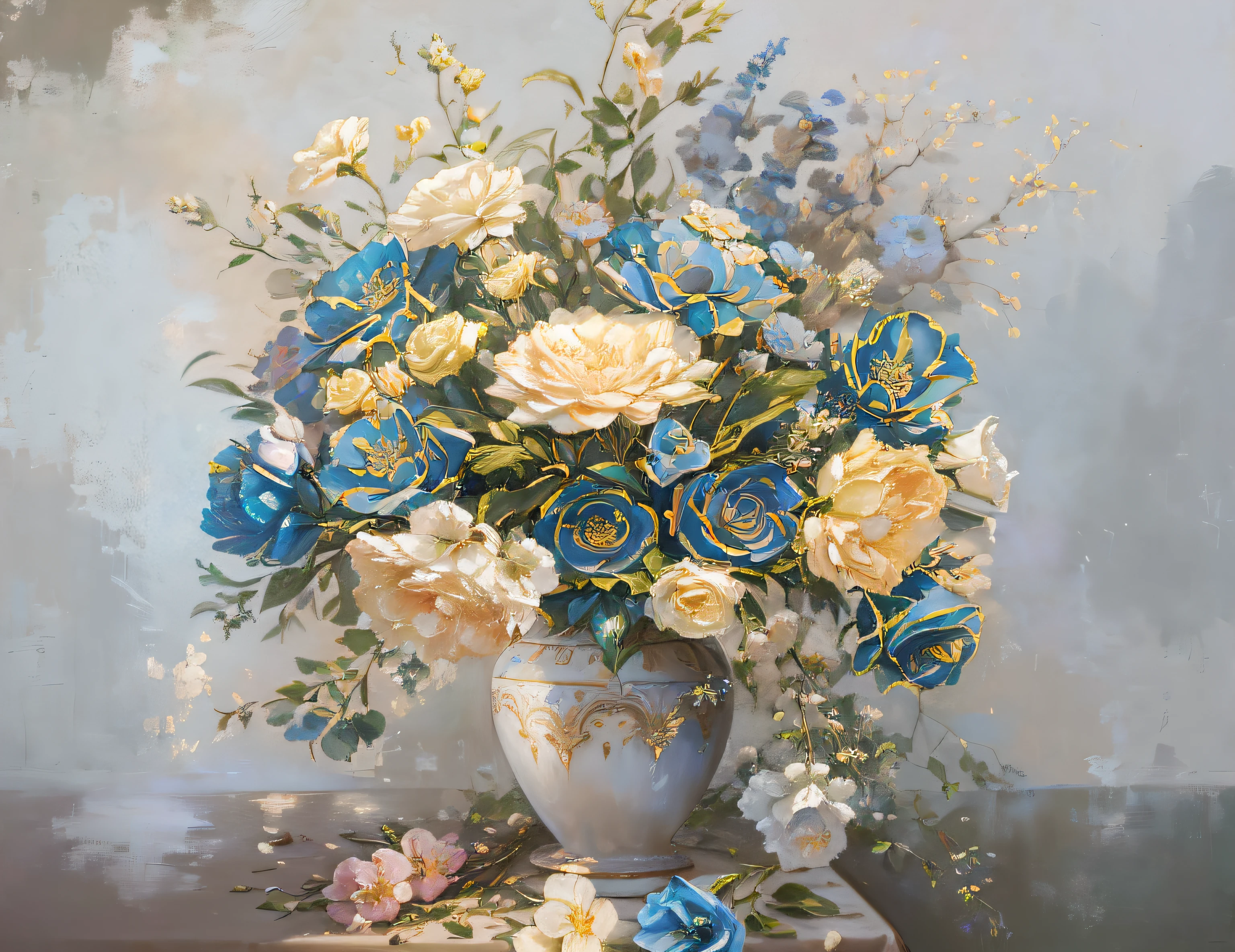 Draw a vase with fabric on the table, Elegant painting style, Inspired by Louis-Michel Van Loe, Modern style oil painting, Vase with flowers, Elegant oil painting, Beautiful painting, Elegant digital painting, 一幅Beautiful painting, Beautiful oil painting on canvas, Beautiful art UHD 4K, Oil painting style, In the style of ancient paintings