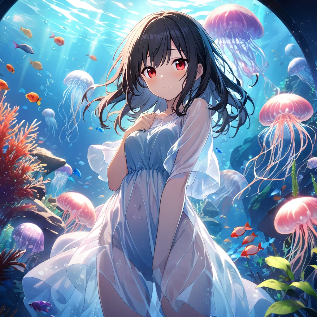 1girl、Black Hair、Red eyes、Skeleton Body、Transparent Dress、Blue jellyfish、aquarium、deep faint light 、 detailed CG、high resolution
