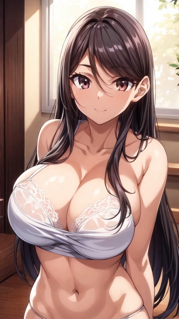 (upper body:1.4),(masterpiece:1.3),Portraiture, Realistic, (Brown eyes:1.3), (Black Hair:1.3),(Long Straight Hair:1.3),(18-year-old),(Big Breasts:1.3),(White underwear:1.4),Beautiful breasts,Beautiful underwear,Beautiful Hair,Beautiful Face,8K resolution, High quality CG, Beautiful CG,(slim:1.3),Soft Light,(arms behind back:1.4),( smile:1.3),(focus face:1.4),Ultra-high resolution,Highly detailed CG Unity 8k wallpaper,(Aesthetic Anime Eyes),(White underwear:1.4),