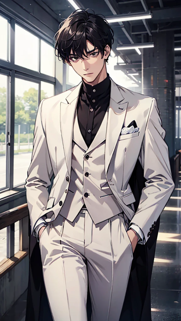 a man in white suit, black hair