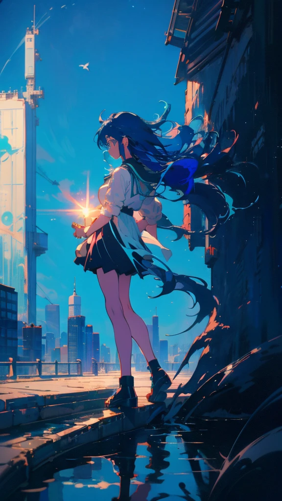 Blue-haired long hair,Design clothing,Seven-doppelganger shot,Anime style 4K,Anime girl with teal hair,High quality anime art style,Standing painting,Splash ink background,Blue Themes、Pure white background,Buildings,Face close-up,Buildings,Moon and sun、Long legs, whale flying in the sky