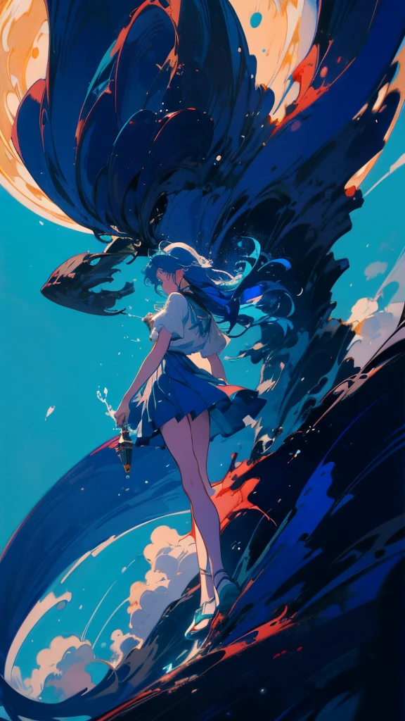 Blue-haired long hair，Design clothing，Seven-doppelganger shot，Anime style 4K，Anime girl with teal hair，High quality anime art style，Standing painting，Splash ink background，Blue Themes、Pure white background,Buildings,Face close-up,Buildings,Moon and sun、Long legs, whale flying in the sky
