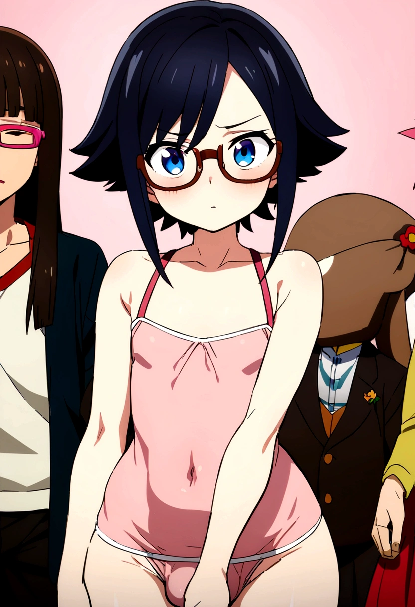 1 Anime boy, flat chest, big hips, high quality image, bulge, femboy, otokonoko, brown short hair, bangs, blue eyes, 1 Anime girl, short black hair, glasses, tsundere