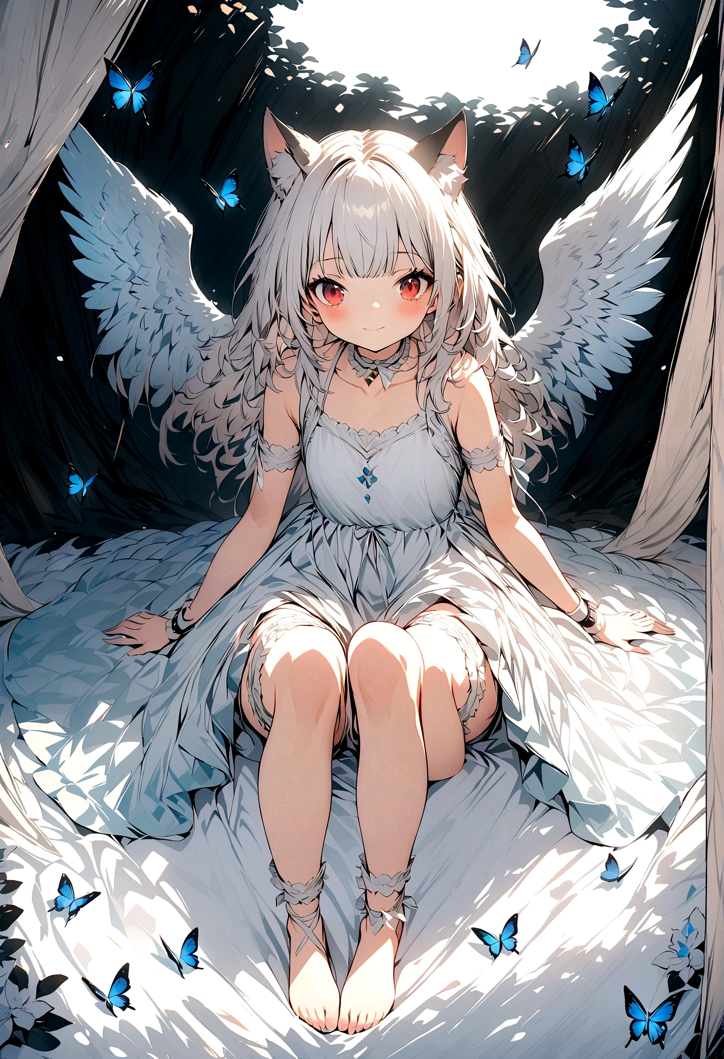 cute ****, cat girl, spread legs, white hair, white dress, red eyes, bare feet, bare legs, feathered wings, angel, innocent, thigh strap, feathers, blue butterflies, thigh bands, elegant, (best quality,4k,8k,highres,masterpiece:1.2),ultra-detailed,delicate, ethereal, serene, whimsical, soft lighting, pastel colors,wariza,bridal garter, dreamlike, fantasy,heaven,halter dress,looking at viewer,bare_shoulders , frilled dress,collarbone,arm ribbon,garland for decoration,ankle_lace-up,wristband,blush,choker