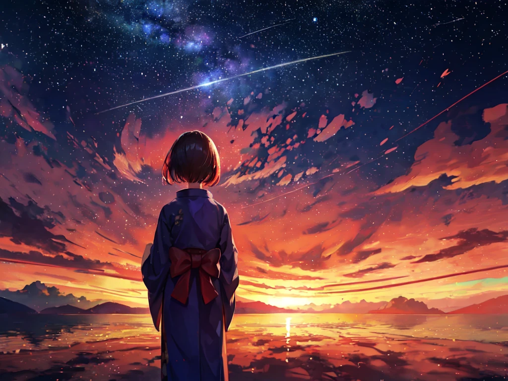 1girl, distant girl wearing a kimono staring at the stars, (zoomed out:1.1), (meteor shower:1.2), (comet:1.1), your name, low angle, from behind, aroura borealis, shooting star, yukata, red kimono, cherry blossoms, standing in a field,best quality, masterpiece, cloud,colorful, starry,stars,