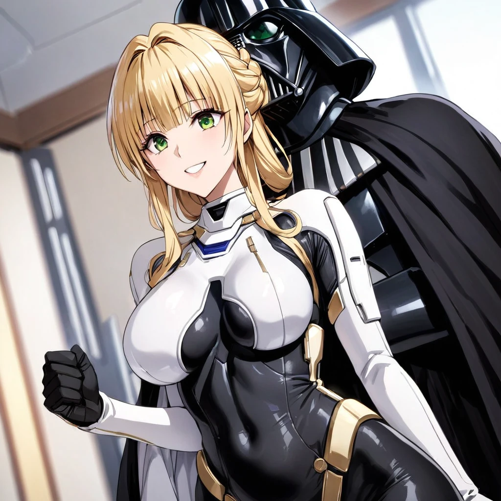 ((Highest quality)), ((masterpiece)), (detailed), （Perfect Face）、The woman is a Stormtrooper named Tiare, with green eyes, medium blonde hair, and a Princess Leia hairstyle. She is wearing a gorgeous black Stormtrooper bodysuit with gold patterns and trim, and a gorgeous black cape.、The woman is standing next to Darth Vader and smiling sweetly at him.、the woman is pregnant