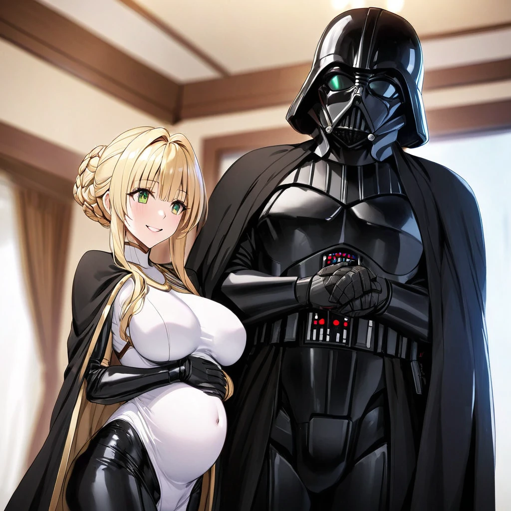 ((Highest quality)), ((masterpiece)), (detailed), (Perfect Face)、The woman is a Stormtrooper named Tiare, with green eyes, medium blonde hair, and a Princess Leia hairstyle. She is wearing a gorgeous black Stormtrooper bodysuit with gold patterns and trim, and a gorgeous black cape.、The woman is standing next to Darth Vader and smiling sweetly at him.、the woman is pregnant
