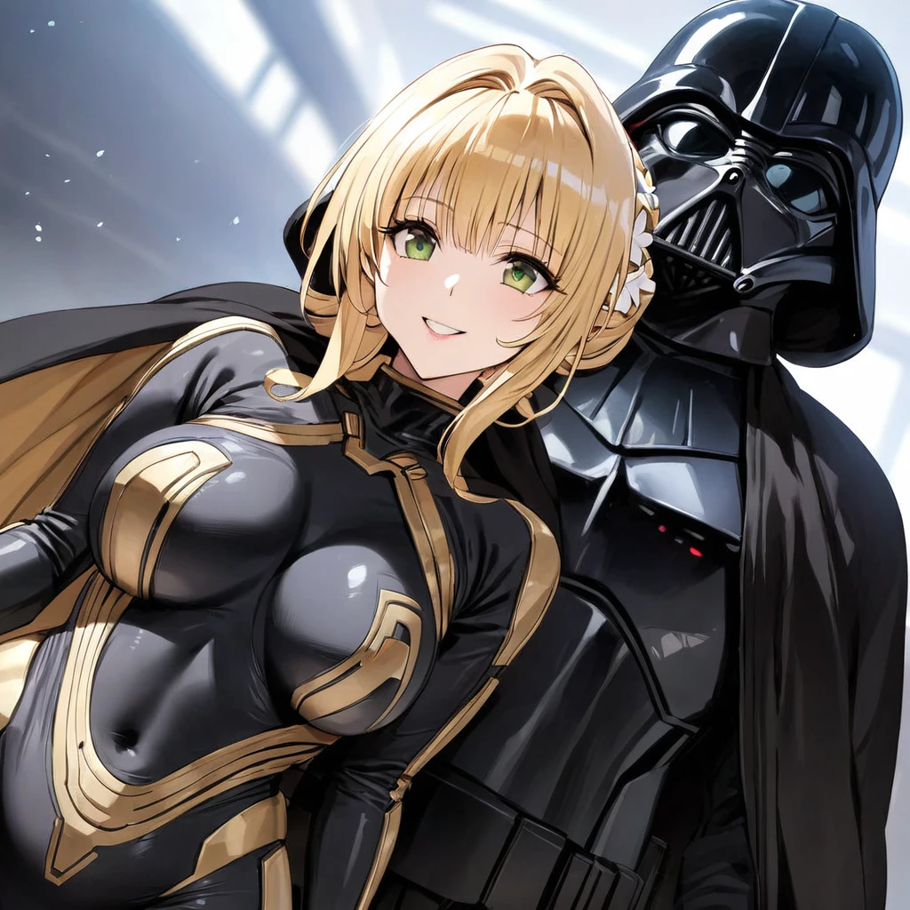 ((Highest quality)), ((masterpiece)), (detailed), （Perfect Face）、The woman is a Stormtrooper named Tiare, with green eyes, medium blonde hair, and a Princess Leia hairstyle. She is wearing a gorgeous black Stormtrooper bodysuit with gold patterns and trim, and a gorgeous black cape.、The woman is standing next to Darth Vader and smiling sweetly at him.、the woman is pregnant