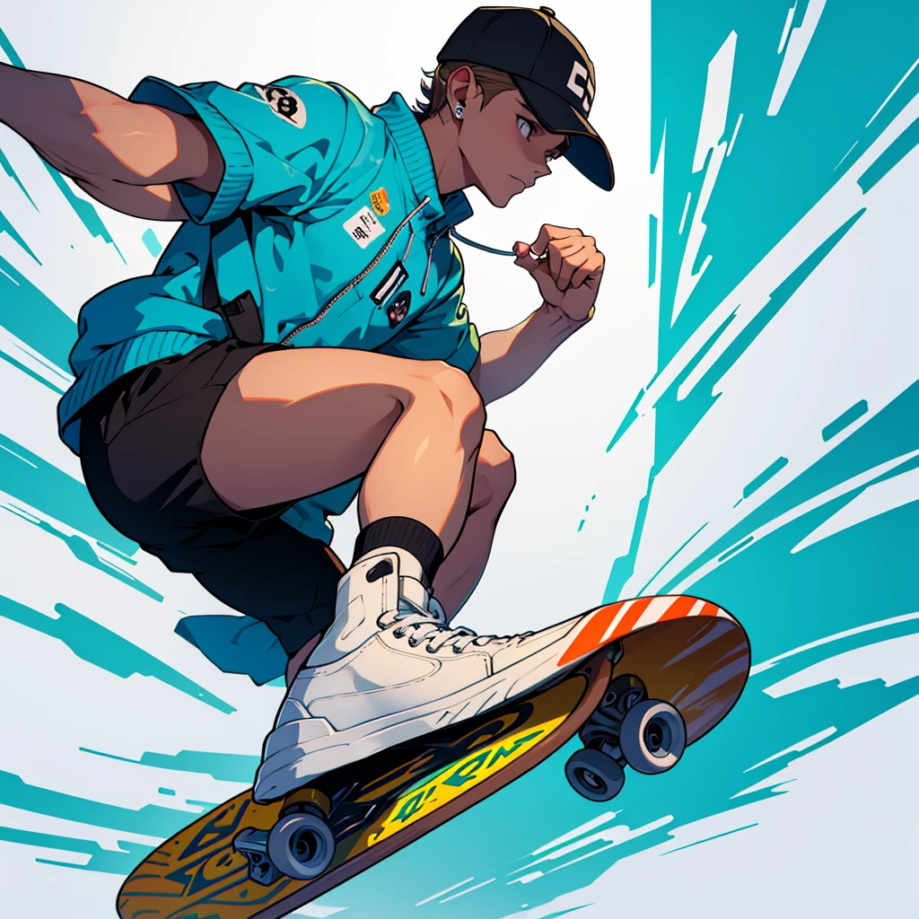 Create a 2D illustration in futuristic style of a young man riding a skateboard, wearing a cap, blank image background, sticker