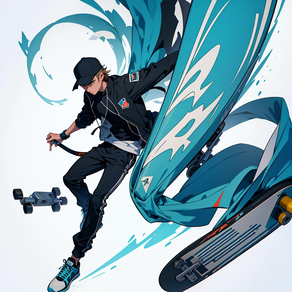 Create a 2D illustration in futuristic style of a young man riding a skateboard, wearing a cap, blank image background, sticker