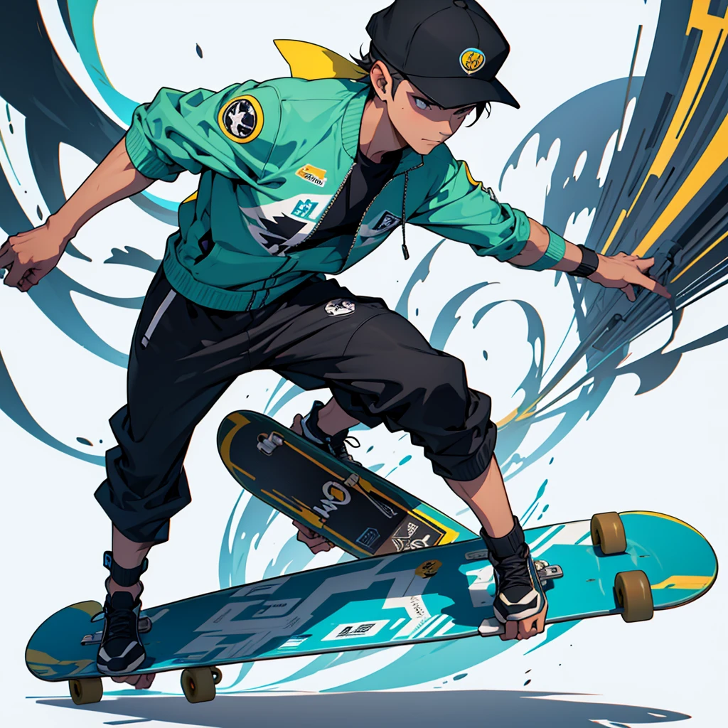 Create a 2D illustration in futuristic style of a young man riding a skateboard, wearing a cap, blank image background, sticker