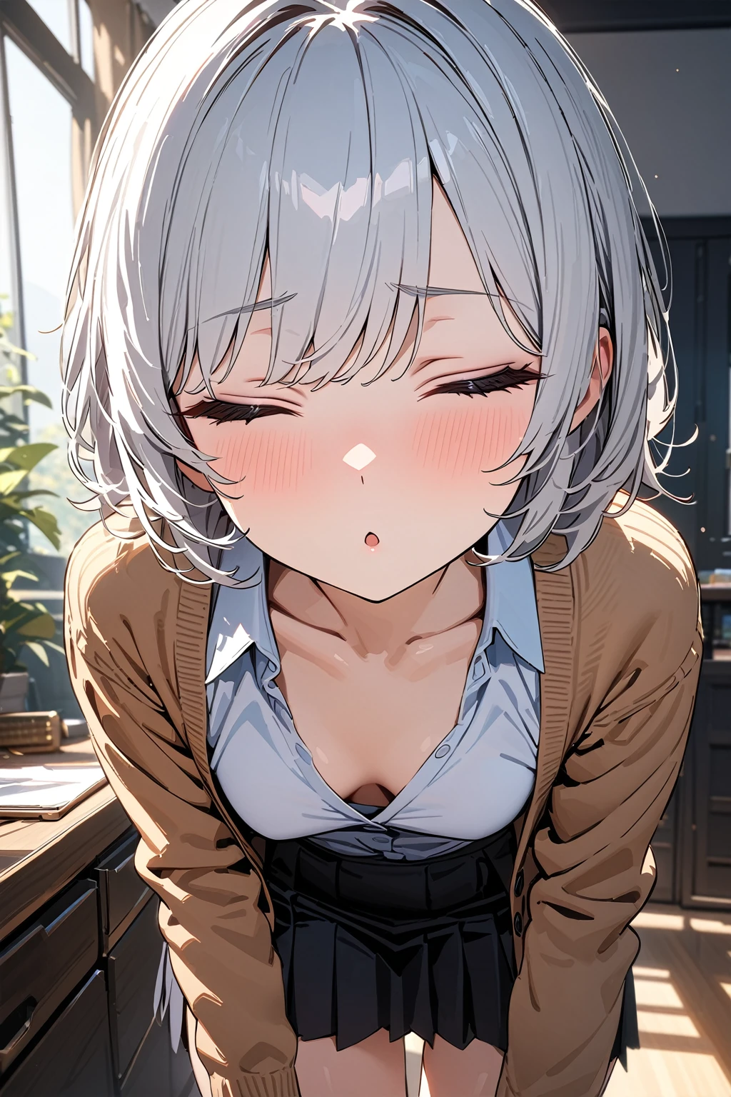 (masterpiece, best quality:1.5), (ultra detailed, high resolution, 8k, beautiful detailed, UHD, best anatomy), white hair, small breasts, 1girl, closed eyes, kissy face, A hopeful background, standing, front view, cardigan, flared skirt, business shirt, Come closer to pov, bent forward